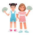 Two happy girls are holding dollar bills in their hands. Small businesswomen. Beautiful children with money