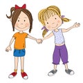 Two happy girls holding hands, smiling. Best friends - original hand drawn illustration