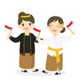 Javanese and Bali Kids Holding Indonesian Flag Cartoon Vector