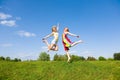 Two happy girls jumping together on green meadow Royalty Free Stock Photo