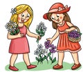 Two happy girls picking flowers Royalty Free Stock Photo