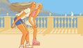 Two happy girls rollerblading on the promenade of sea . On a mountains and yacht background . Fluttering hairs in the wind. Line v Royalty Free Stock Photo
