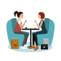 Two happy girls sitting at the cafe after shopping isolated over white background. Vector illustration Royalty Free Stock Photo