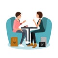 Two happy girls sitting at the cafe after shopping isolated over white background. Vector illustration Royalty Free Stock Photo