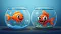 Two happy gold fish in fish bowls on blue background