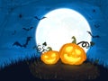 Two Happy Halloween Pumpkins with Moon and Bats on Night Background Royalty Free Stock Photo