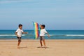 Two happy handsome little boys play with kite Royalty Free Stock Photo