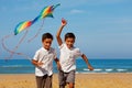 Two happy handsome little boys run with kite Royalty Free Stock Photo