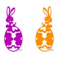 Two happy hare sitting on Easter eggs, silhouette on white background,