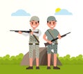Two happy hunters stand with weapons. Vector huntsman, gamekeeper in flat style