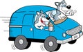 Two happy husky dogs driving a van.