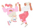 Two happy jumping woman in trendy flat style for print, emblem, logo isolated. Concept of lesbian or bisexual couple or marriage,