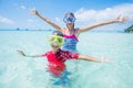 Two happy kids in diving masks having fun on the beach Royalty Free Stock Photo