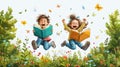 Two happy kids jumping and reading books in the meadow with butterflies illustration