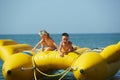 Two happy kids playing on the boat at summer day Royalty Free Stock Photo