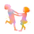 Two happy kids playing togather silhouette plus abstract watercolor with clipping path Royalty Free Stock Photo