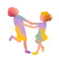 Two happy kids playing togather silhouette plus abstract watercolor with clipping path Royalty Free Stock Photo