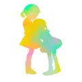 Two happy kids playing together silhouette plus abstract watercolor with clipping path Royalty Free Stock Photo