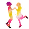 Two happy kids playing together silhouette plus abstract watercolor with clipping path Royalty Free Stock Photo