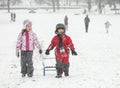 Two Happy Kids Snow Sled Royalty Free Stock Photo