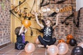 two happy little sisters having fun at home wearing halloween costumes and playing with balloons. Trick or treat. Indoors. Royalty Free Stock Photo