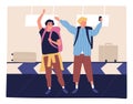Two happy male friends taking selfie at airport arriving to summer vacation vector flat illustration. Travel guy posing