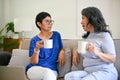 Two happy mature middle-aged Asian women friends enjoy talking in the living room together Royalty Free Stock Photo