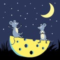 Two happy mice and cheese. Grey mice sitting under moon good night.