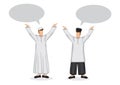 Two happy muslim friends with empty speech bubble