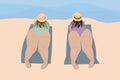 Two happy overweight women, on the beach on towels by the sea