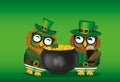 Two happy owls with a pot of gold coins in a national costume