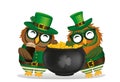 Two happy owls with a pot of gold coins in a national costume