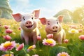 Two happy pigs on a flowery meadow, illustration generated by AI