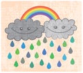 Two happy rain clouds with rainbow