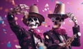 Two happy skeletons dancing at a halloween party