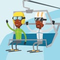 Two happy skiers using cableway at ski resort.