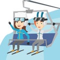 Two happy skiers using cableway at ski resort.