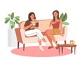 Two happy smiling female characters are sitting on the couch and laughing together on white background