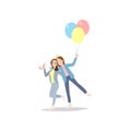 Two happy smiling girlfriends with birthday colorful balloons Royalty Free Stock Photo