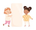 Two happy smiling girls holding white blank banner vector illustration Royalty Free Stock Photo