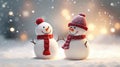 Two happy snowmen in red knitted hats and scarves against a snowy background and beautiful bokeh. Happy new year and christmas. Royalty Free Stock Photo