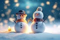 Two happy snowmen on a snowy background and beautiful bokeh. Happy new year and christmas. Christmas card.Generative AI Royalty Free Stock Photo