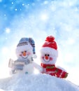 Two happy snowmen standing in winter landscape