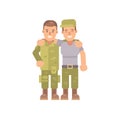 Two happy soldiers hugging. Two army friends in military uniform Royalty Free Stock Photo