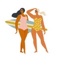 Two happy Surfer girls walking with boards on the sandy beach beautiful young women at the beach. Active summer. Healthy Lifestyle Royalty Free Stock Photo