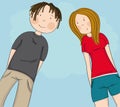 Two happy teenagers, boy and girl looking down at the camera and smiling, blue sky behind them - original hand drawn illustration Royalty Free Stock Photo