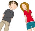 Two happy teenagers, boy and girl looking down at the camera and smiling - original hand drawn illustration Royalty Free Stock Photo