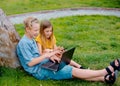 Two happy teens searching media content online in a laptop sitting on the grass in a park Royalty Free Stock Photo