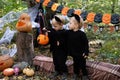 two happy twins boys kids in halloween costumes having fun in halloween decorations outdoor Royalty Free Stock Photo