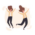 Two happy twins in casual clothes jumping vector flat illustration